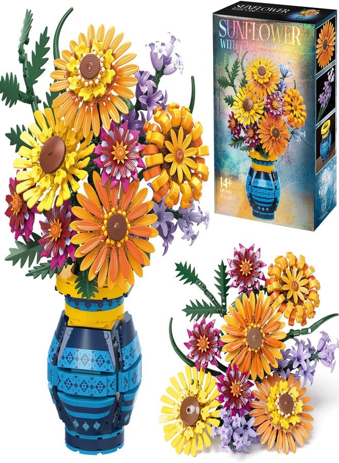 Asoulin Flower Bouquet Building Blocks Set with Vase, Valentines Day Gifts for Her Wife Him, 1065PCS Sunflower Botanical Collection Artificial Flower Birthday Gifts for Women Men Teen Girls Mom Teacher Adults - Image 1